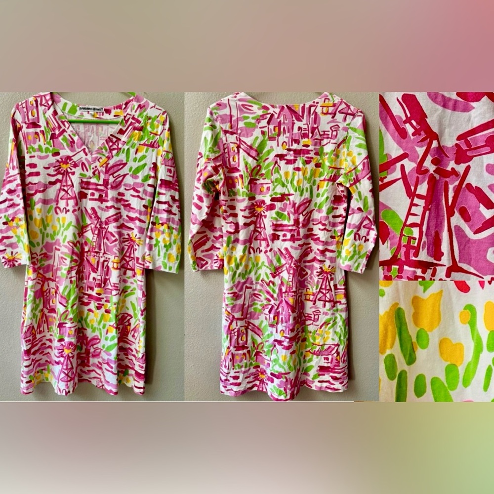BARBARA GERWIT WINDMILL SPRING FLOWERS 3/4 SLEEVE RESORTWEAR  DRESS WOMENS M